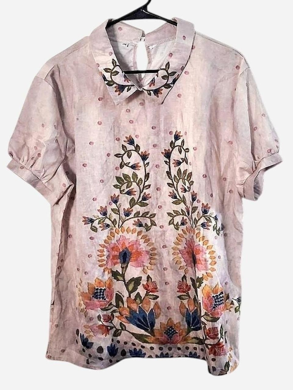 Light Pink Floral Embroidered Short Sleeve Blouse